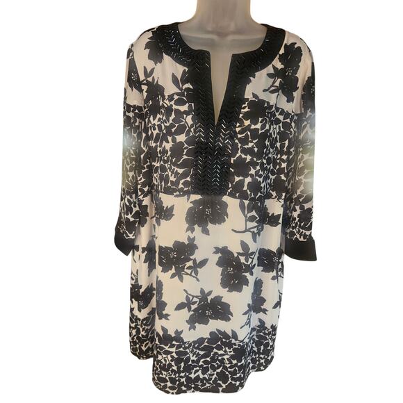 Michael Kors Floral Sequin Sheath Dress Black White 3/4 Sheer Sleeve Sz 14 - Picture 3 of 10